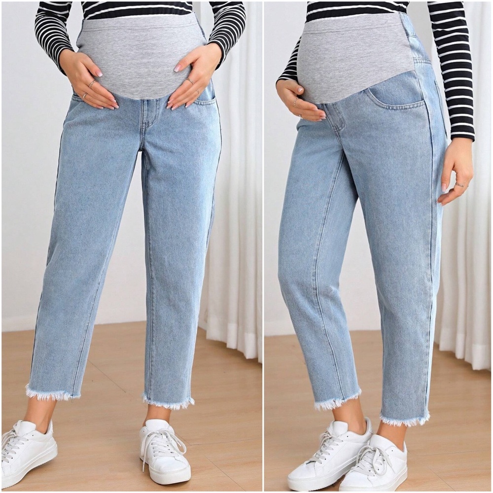 Maternity Stretchy Waist Frayed hem Light Wash Jeans